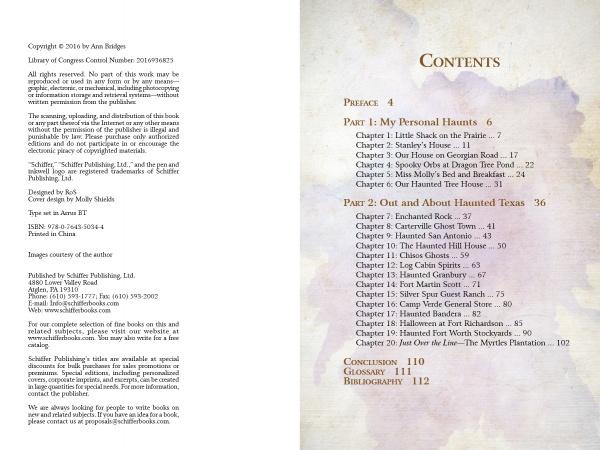 An open book shows the copyright page with publication details on the left and the table of contents on the right for "Spirit Magnet In Texas" by Schiffer Publishing, Ltd., featuring ghost stories about haunted Texas and its lingering spirits.