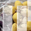 A table of contents from Schiffer Publishing, Ltd.'s "French Fries" is overlaid on potatoes and newspaper, with bold yellow CONTENTS text vertically on the left, highlighting fries recipes, tips, sauces, and veggie dishes.