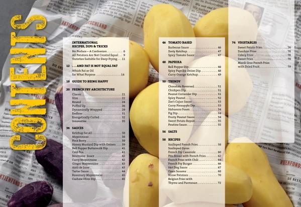 A table of contents from Schiffer Publishing, Ltd.'s "French Fries" is overlaid on potatoes and newspaper, with bold yellow CONTENTS text vertically on the left, highlighting fries recipes, tips, sauces, and veggie dishes.
