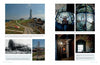 A two-page spread from *Massachusetts Lighthouses and Lightships* by Schiffer Publishing, Ltd. highlights lighthouses on rocky shores, lens details, vintage construction images, interiors with metal stairs, and captions on New England maritime history.