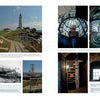 A two-page spread from *Massachusetts Lighthouses and Lightships* by Schiffer Publishing, Ltd. highlights lighthouses on rocky shores, lens details, vintage construction images, interiors with metal stairs, and captions on New England maritime history.