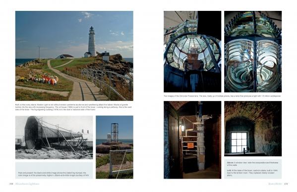 A two-page spread from *Massachusetts Lighthouses and Lightships* by Schiffer Publishing, Ltd. highlights lighthouses on rocky shores, lens details, vintage construction images, interiors with metal stairs, and captions on New England maritime history.