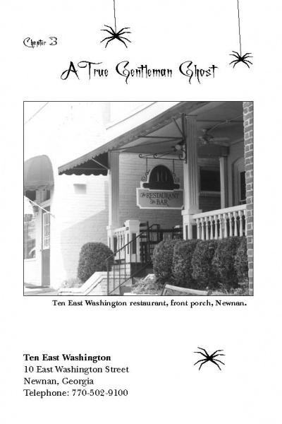 Black-and-white image of Ten East Washington in Newnan, GA, with a Restaurant Bar sign. Decorative spiders evoke haunted tales from "Spirits of Georgia's Southern Crescent" by Schiffer Publishing.