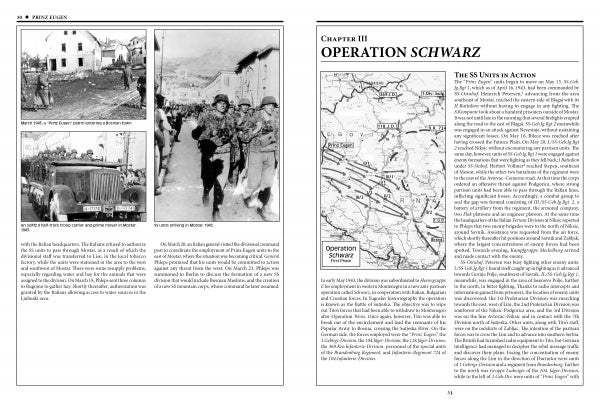A spread from The 7th Waffen-SS Volunteer Gebirgs Division Prinz Eugen by Schiffer Publishing, Ltd. shows WWII photos on the left and Operation Schwarz on the right, with a map highlighting the division’s movements.