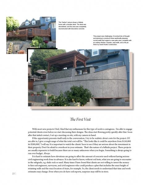 Sculpting Hillsides with Decorative Concrete by Schiffer Publishing, Ltd. showcases a two-level backyard with a tall concrete retaining wall, a wooden pergola, lush landscaping, and insets of curved stairs, construction progress, and the finished blue house.