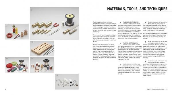 A two-page spread in *From Thread and Wire* by Schiffer Publishing, Ltd. displays labeled jewelry-making tools and materials on the left, with MATERIALS, TOOLS, AND TECHNIQUES descriptions on the right.