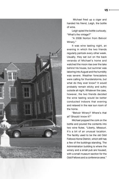 A black-and-white photo of a parked car by brick buildings with tall windows and sloped roofs, next to a page from "Campfire Tales Midwest" by Schiffer Publishing, Ltd., sharing ghost stories from the region.