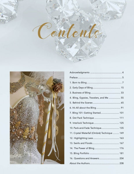 The table of contents page for Bling! by Schiffer Publishing, Ltd. features a photo of a sparkling dress, large diamonds at the top, and chapters listed on the right under a gold "Contents" heading.