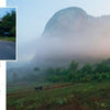 A paved highway with cars leads to rural Cuba and misty green mountains, capturing scenes from Havana in "Cuba's Evolution" by Schiffer Publishing, Ltd.—including grassy plains, scattered trees, and a figure walking cattle.
