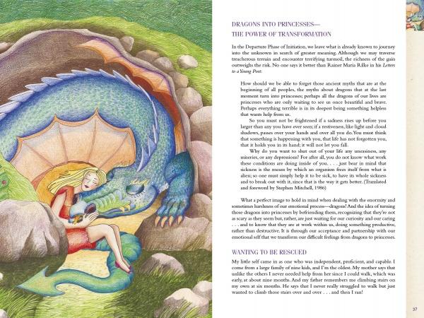 A blonde girl in a red dress sits by a sleeping blue and green dragon inside a cave. The right page of "As You Feel, So You Heal" by Schiffer Publishing, Ltd. features inspiring dragon tales and self-acceptance journaling prompts.