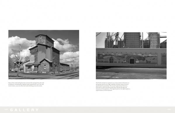 Two black-and-white photos from "Down by the Feed Mill" (Schiffer Publishing, Ltd.): Left, a rustic grain elevator by tracks; right, a farm scene mural on a modern silo, with feed mills and silos in the background—classic American ag settings.