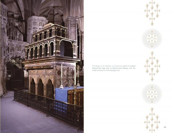 The photo displays St. Edward the Confessor’s shrine at Westminster Abbey, featured in "Great Britain's Royal Tombs" by Schiffer Publishing, Ltd., with ornate architecture and a gold-patterned white background with text on the right.