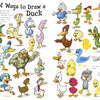 A vibrant chart from Schiffer Publishing, Ltd.'s "More Creatures and Characters," featuring over 30 cartoon ducks in different styles—a playful art guide for kids and a handy reference for anyone who enjoys drawing funny animals.