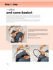A person weaves a round cane basket using willow rods, demonstrating basketry with detailed hand techniques. "Basketry" by Schiffer Publishing, Ltd. features step-by-step instructions and three small tutorial photos on a soft pink and white layout.