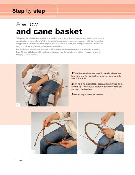 A person weaves a round cane basket using willow rods, demonstrating basketry with detailed hand techniques. "Basketry" by Schiffer Publishing, Ltd. features step-by-step instructions and three small tutorial photos on a soft pink and white layout.
