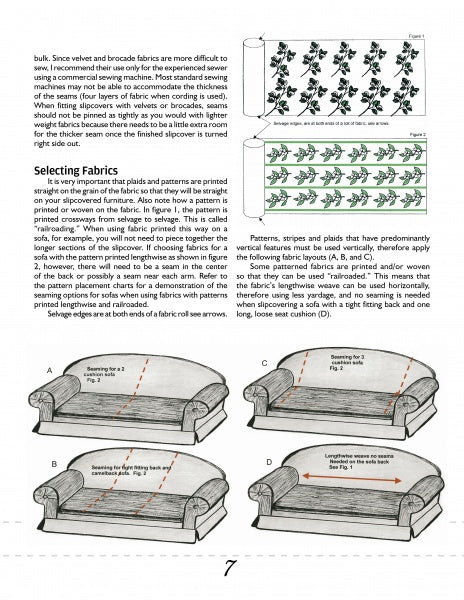 A page from Marge's Custom Slipcovers by Schiffer Publishing, Ltd. features fabric pattern diagrams, fabric selection tips for slipcovers, and four illustrated sofas with labeled cutting lines in a clear instructional layout.
