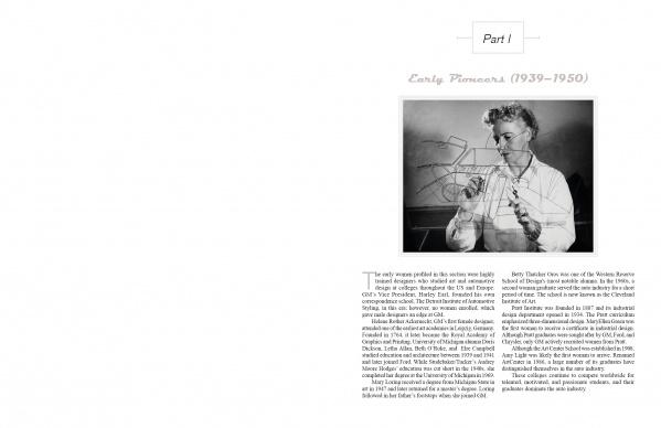 A black-and-white photo of a man sketching an airplane wireframe appears on a detailed page titled “Part I: Early Pioneers (1939–1950)” in Damsels in Design from Schiffer Publishing, Ltd., exploring industrial design history.