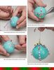 Four images from "Making More Gourd Ornaments" by Schiffer Publishing, Ltd. show step-by-step instructions for decorating a turquoise gourd with purple ribbon, beads, and a hook to create a festive holiday ornament.