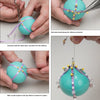 Four images from "Making More Gourd Ornaments" by Schiffer Publishing, Ltd. show step-by-step instructions for decorating a turquoise gourd with purple ribbon, beads, and a hook to create a festive holiday ornament.