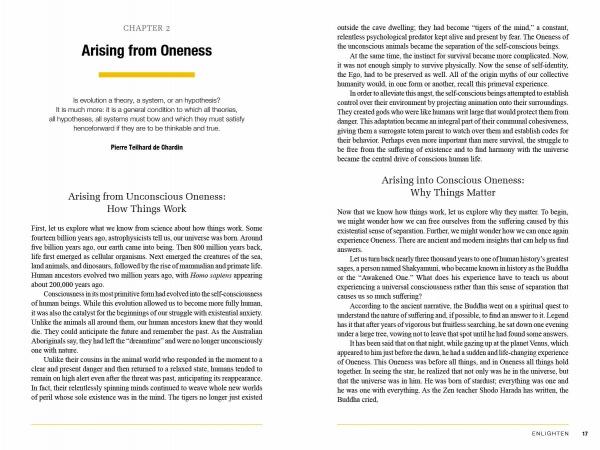 A two-page spread from Schiffer Publishing, Ltd.’s "The Three Principles of Oneness": The left page journeys from unconscious to conscious oneness, blending cosmic vision and Pierre Teilhard de Chardin; the right page explores why things matter in dense text.