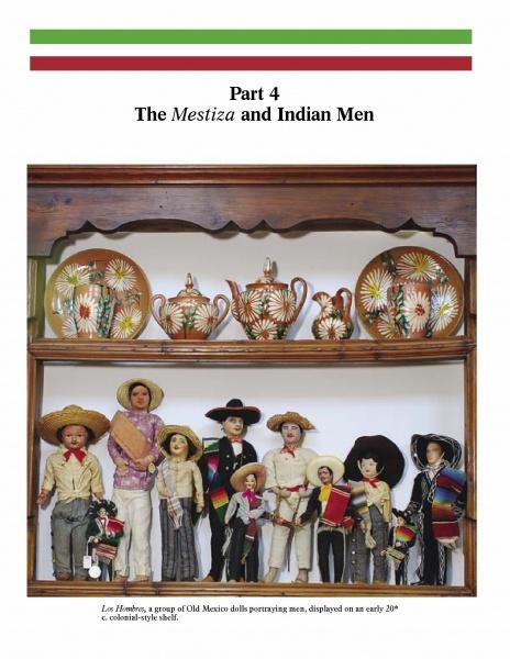 A wooden shelf displays Mexican Popular Art ceramic dishes with floral motifs on top, and Schiffer Publishing, Ltd. Old Mexico dolls in traditional outfits—hats and instruments included—exuding Mexican folk art spirit below.