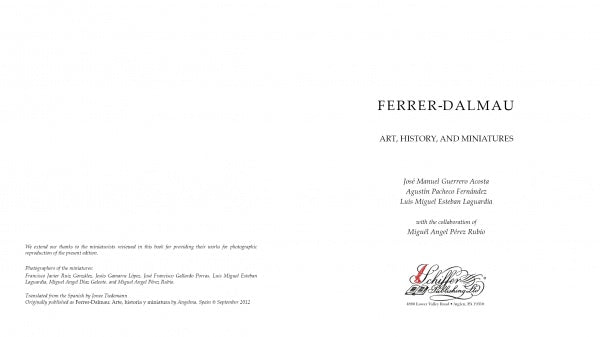 Title and credits page of Ferrer-Dalmau by Schiffer Publishing, Ltd., featuring the authors, a signature at lower right, acknowledgments on the left page, and honoring Augusto Ferrer-Dalmau’s legacy in historical realism art.