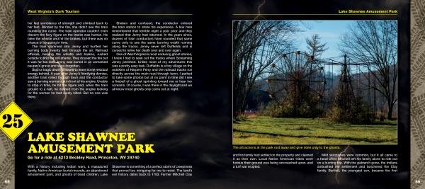 A two-page spread in *West Virginia's Dark Tourism* by Schiffer Publishing, Ltd. showcases Lake Shawnee Amusement Park, with a photo of its rusty swing ride among overgrown grass and text about the park’s eerie past.