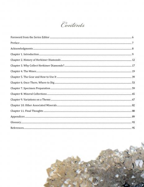 The Collector's Guide to Herkimer Diamonds by Schiffer Publishing, Ltd.: Table of contents shows chapter titles and page numbers; sparkling Herkimer diamond-like quartz crystals gleam at the bottom right on a white background.