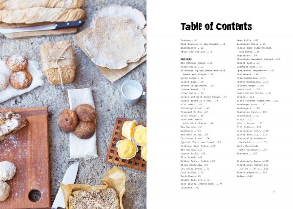 On the right, "The New Bread" by Schiffer Publishing, Ltd. displays its cookbook table of contents. On the left, a variety of gluten-free bread and pastries sits on a textured surface beside a cup of milk and a knife.