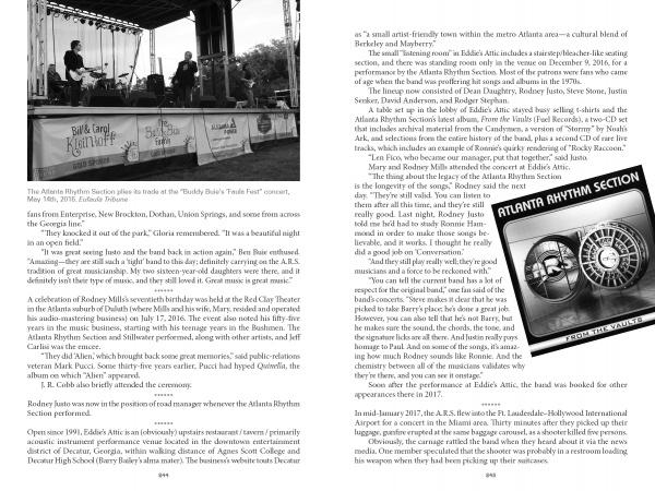On the left, a black-and-white image shows musicians on an outdoor stage; on the right, text highlights The Atlanta Rhythm Section by Schiffer Publishing, Ltd., featuring the Champagne Jam album cover and seven band members.