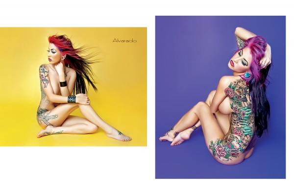 Two images from Alvarado's Pin-up Nudes, 2nd Edition by Schiffer Publishing, Ltd. showcase a tattooed woman with pink and black hair posing nude on yellow and purple backgrounds, seated with limbs crossed to partially cover herself.