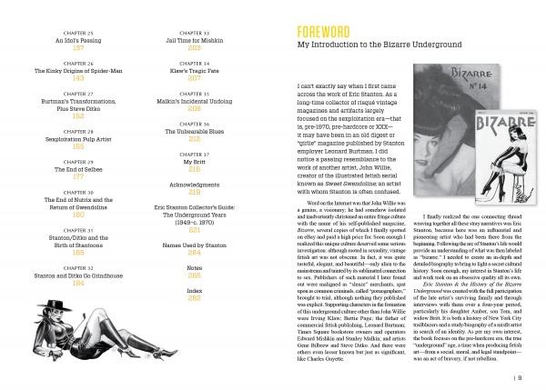 A book spread from "Eric Stanton & the History of the Bizarre Underground" (Schiffer Publishing, Ltd.) shows a table of contents with vintage pin-up art on the left; on the right, a foreword and a black-and-white lingerie magazine cover.