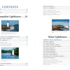 The "Lighthouses and Coastal Attractions of Northern New England" by Schiffer Publishing, Ltd. features a table of contents listing lighthouse sections with photos of white coastal lighthouses in New Hampshire and Maine.