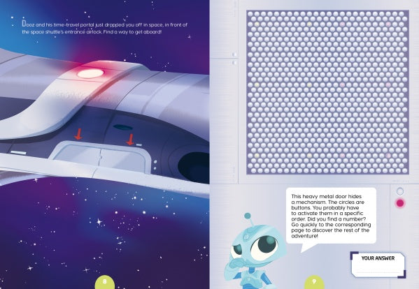 A spaceship door with red arrows is shown in space. On the right, silver buttons, a blue alien, and a text box invite users to solve puzzles in Schiffer Publishing’s Escape Game Adventure: Trapped in Space to open the door.