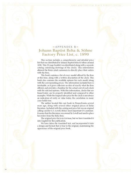 Appendix B in *Rare and Unusual Black Forest Clocks* (Schiffer Publishing, Ltd.) showcases an 1890 price list from a famed German clockmaker, framed with a decorative border for a unique look at Black Forest horological history.