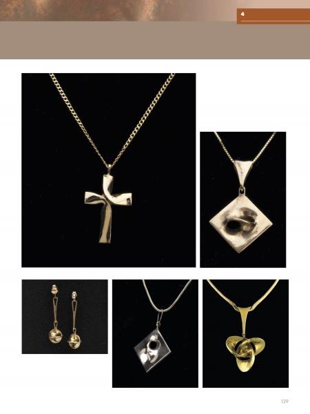 Five pieces of gold jewelry on a black background evoke the elegance of abstract sculpture, reflecting the style of Robert Engman, as featured by Schiffer Publishing, Ltd.