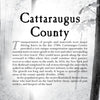 A page headed “Cattaraugus County” on a grayscale forest background, featuring text about 18th-century transportation, storytelling, and local legends from Ghosts of Southern Tier, NY by Schiffer Publishing, Ltd.