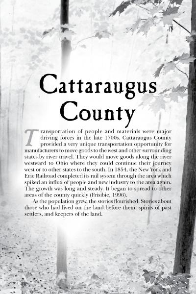 A page headed “Cattaraugus County” on a grayscale forest background, featuring text about 18th-century transportation, storytelling, and local legends from Ghosts of Southern Tier, NY by Schiffer Publishing, Ltd.