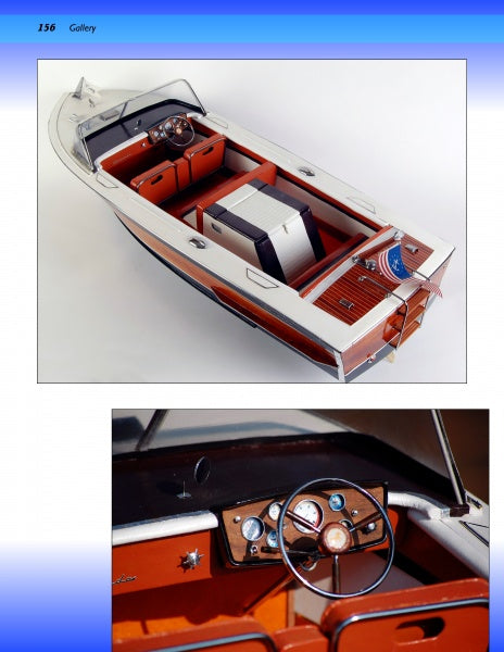 Fundamentals of Model Boat Building by Schiffer Publishing, Ltd. details creating vintage wooden motorboats with white trim, red seats, chrome accents, and classic dashboards featuring gauges, steering wheels, and wood paneling.