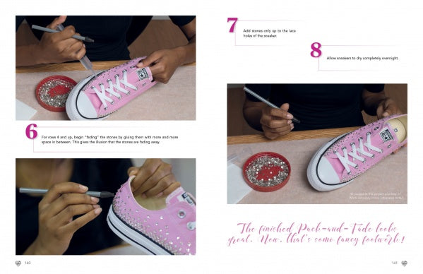 A step-by-step guide inspired by Sondra Celli from My Big Fat American Gypsy Wedding shows hands decorating a pink sneaker with sparkling gems using Bling! by Schiffer Publishing, Ltd., with tools and materials displayed nearby.