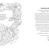 A spread from the Happy Place Coloring Book by Schiffer Publishing, Ltd. features a detailed floral design and the quote: “Relax, unwind, and focus on the positive." The opposite page offers a warm welcome message.
