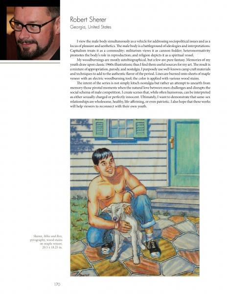 A page from "100 Artists of the Male Figure" by Schiffer Publishing, Ltd. showcases a bearded man with glasses, an artist bio, and artwork depicting masculine beauty: a shirtless man squatting on a patio with a white goat and house behind.