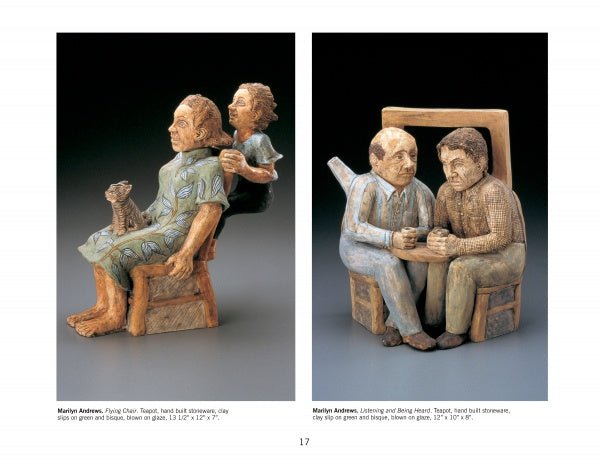 From Schiffer Publishing, Ltd.'s 'Ceramics Today': Left, a seated woman with a cat and a standing woman; right, two men facing each other with cups. Both hand-built, painted—perfect for ceramic art enthusiasts.