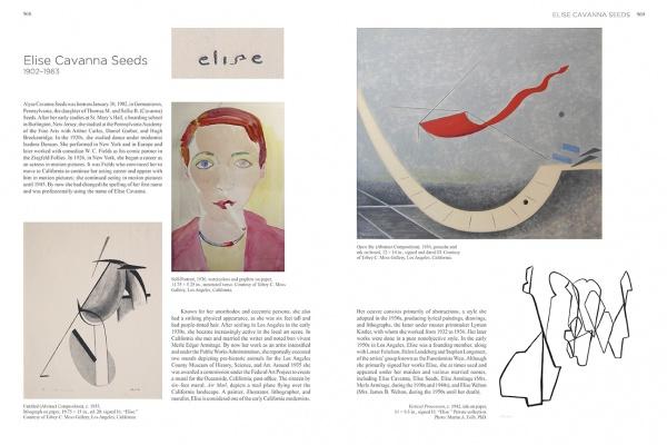 A two-page spread from "Emerging from the Shadows, Vol. IV" by Schiffer Publishing, Ltd. showcases text on Elise Cavanna Seeds, her signature, an abstract woman’s portrait, modern abstract art, and black line drawings on white.