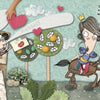 A whimsical, fairy tale-inspired collage from "They Turned Me Down!" by Schiffer Publishing, Ltd. shows an armored princess on horseback, three girls in a house, quirky trees, handwritten text, and playful heart shapes scattered throughout.