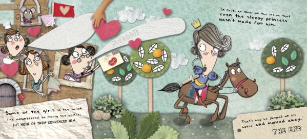 A whimsical, fairy tale-inspired collage from "They Turned Me Down!" by Schiffer Publishing, Ltd. shows an armored princess on horseback, three girls in a house, quirky trees, handwritten text, and playful heart shapes scattered throughout.