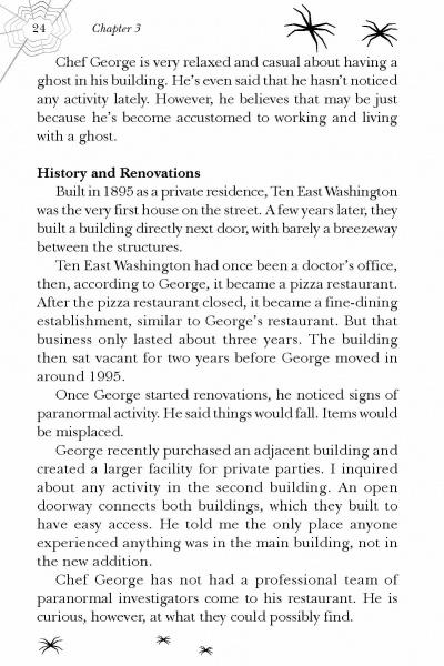 A book page from "Spirits of Georgia's Southern Crescent" by Schiffer Publishing features decorative spider graphics and headings—History and Renovations—with stories about Chef George, Ten East Washington, and haunted Georgia legends.