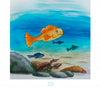 A large orange fish swims underwater with three smaller fish, while a crayfish rests near rocks and plants. The blue water and lively scene from "Beyond the River" by Schiffer Publishing, Ltd. are ideal for early readers ages 5-8.