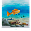 A large orange fish swims underwater with three smaller fish, while a crayfish rests near rocks and plants. The blue water and lively scene from "Beyond the River" by Schiffer Publishing, Ltd. are ideal for early readers ages 5-8.