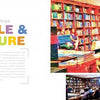 A vibrant illustration inspired by Miami photography features people in a bookstore hearing a speaker. Bookshelves fill the space. Text says "Chapter Three: PEOPLE & CULTURE." From Miami, Real and Imagined by Schiffer Publishing, Ltd.